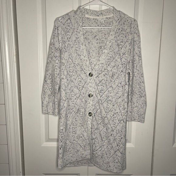 J. Jill Cardigan Small Petite Tweed Crochet Eyelet 3 Button White Blue Speckled - Picture 1 of 6